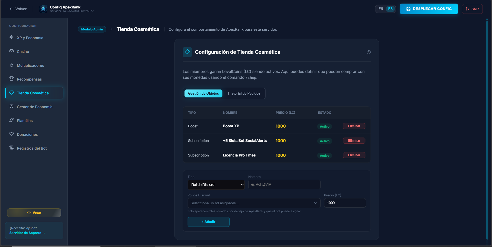 Catálogo y configuración de tienda de roles en ApexRank