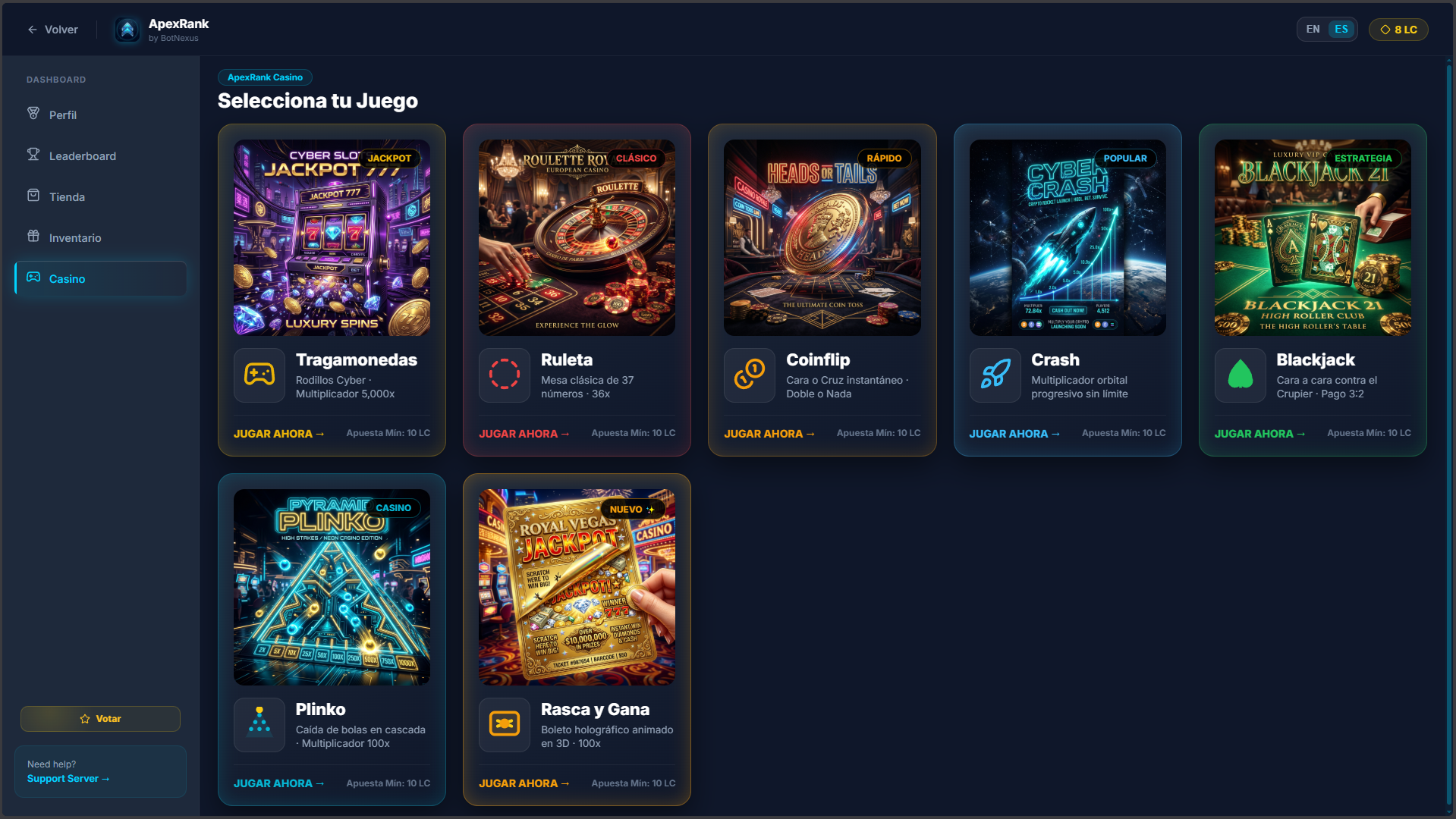 Panel web de casino sincronizado de ApexRank