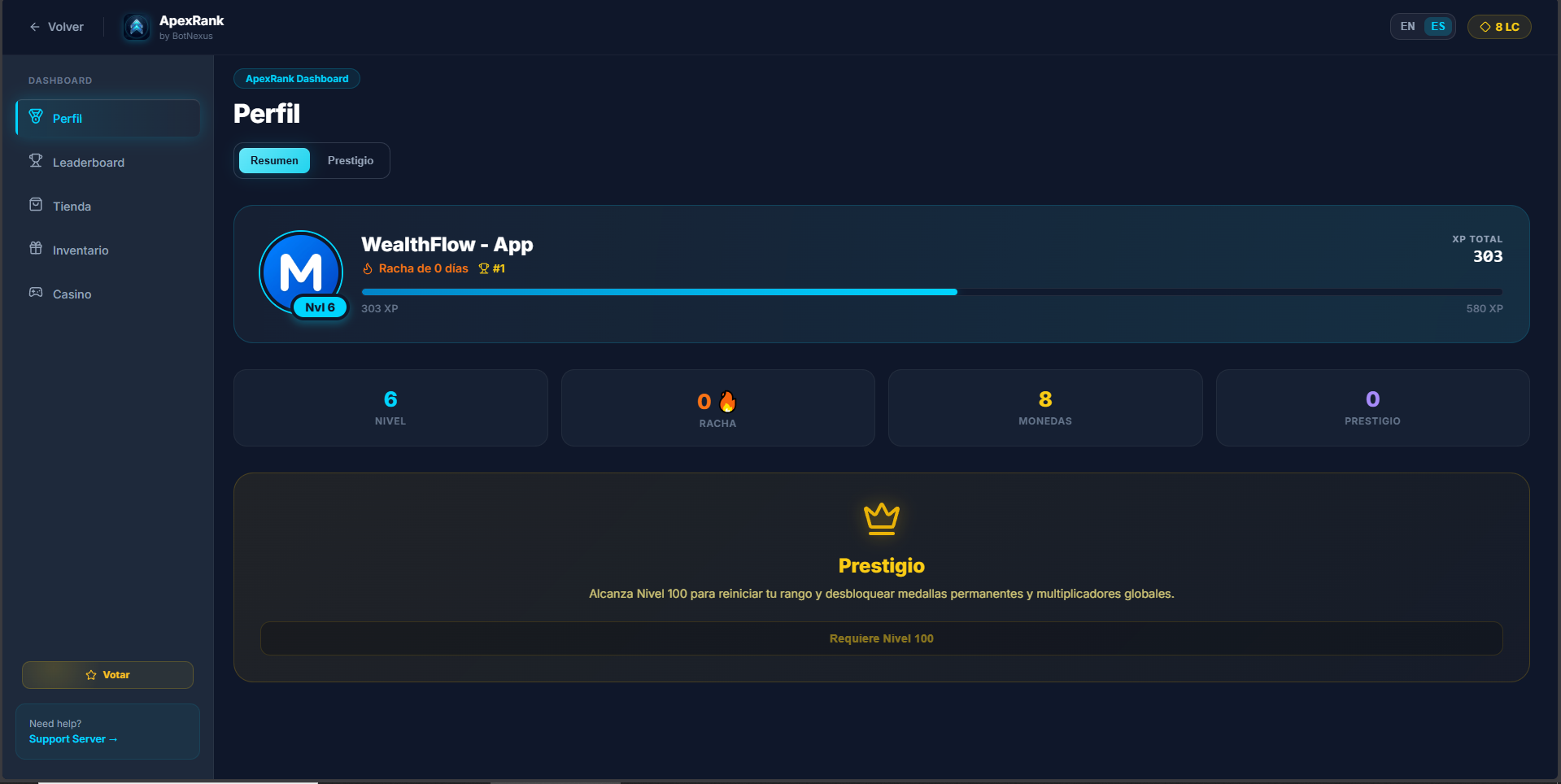 Panel de progreso de usuario y estadísticas de nivel de ApexRank